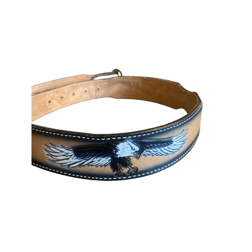 Hand Tooled Leather Belt Eagle Mountain Landscape Western Tan Black S36